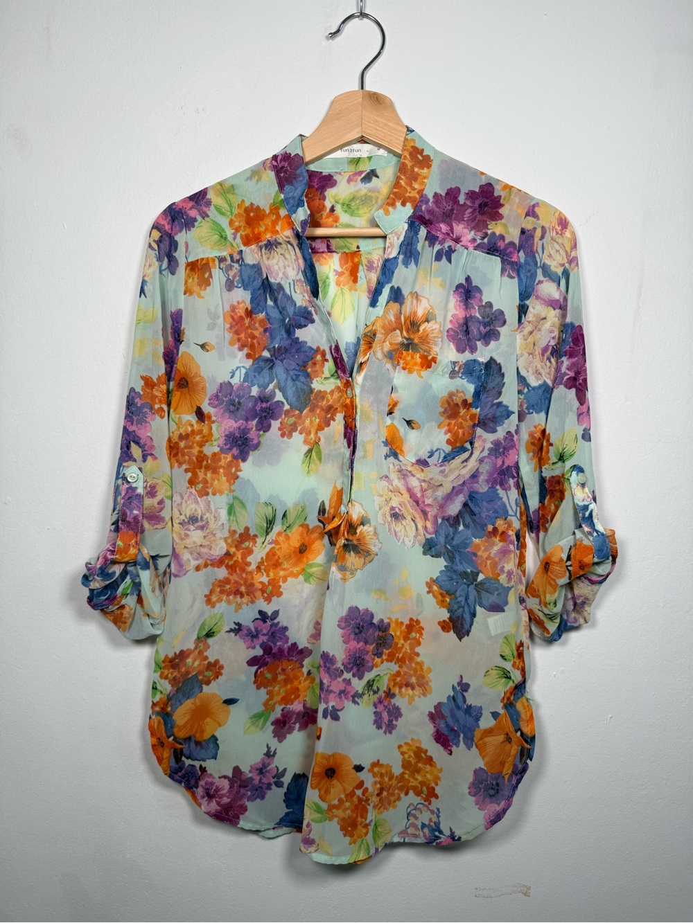 fun 2 fun Sheer Floral Button-Down Shirt in Orange, Purple, Blue